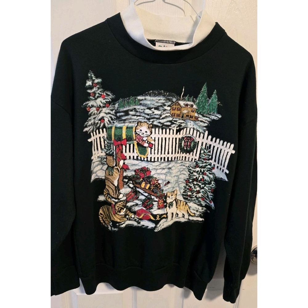 Vintage 90s Cat Christmas Sweater Large Glitter Kittens NutCracker USA Holiday